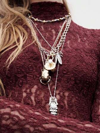 1pc Animal Alloy Beetle/Cicada/Fish Pendant Multilayer Necklace, Versatile Fashion Women Sweater Chain