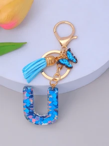 1pc Women's Initial Letter Black Butterfly Glitter Crystal Resin Epoxy Keychain With Butterfly Tassel Decor