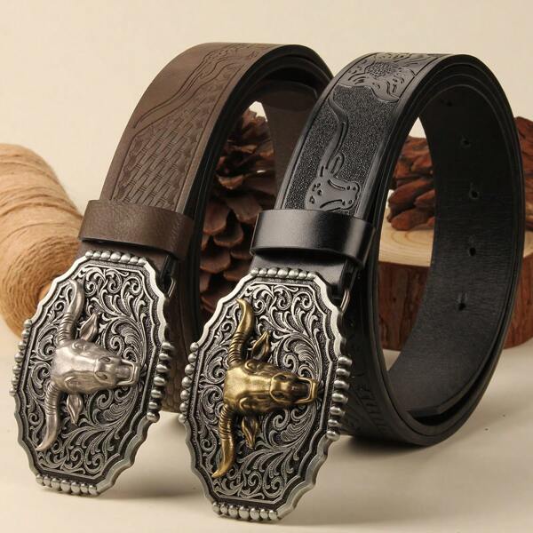 3.7cm Wide Western Cowboy Style Silver Color 7-Pearl Conchos Bull Head PU Leather Belt Buckle For Men And Women, Smooth Buckle With Floral Print, Round Hole, Boho