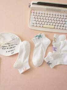 5 双/10 双女士绿色花卉图案百搭中筒袜，舒适透气可爱女士袜子 - 彩色 - 查看 5