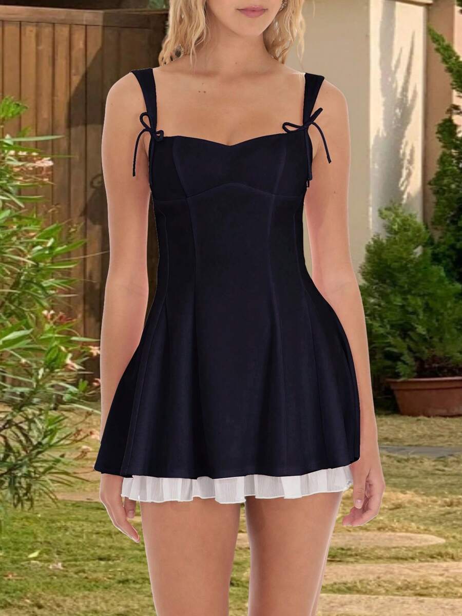 Women Y2k Corset Mini Dress Summer Sleeveless Bow Tie Strap Solid Color Skater Tank Dress Backless Ruffle A-Line Dress Graduation Dress Beach Club Party Dresses Streetwear Preppy Fairy Aesthetic Clothes - 黑色 - 查看 1
