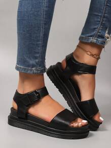 2025 Summer New Round Toe Mid-Heel Roman Sandals, Thick Sole Slip-On Elastic Band Beach Shoes For Plus Size Women,Comfortable Thick Sole Versatile Sandals And Casual Shoes For Women - 黑色 - 查看 4