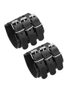 1/2Pcs Black Punk Rock Style Three Layered Bracelet Wide PU Leather Wristband Bracelet - Adjustable, , Edgy Fashion Punk Bracelet For Men Couples And Party - Three-buckle Leather Bracelet - View 9