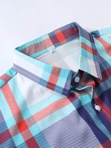 Men's Casual Short Sleeve Plaid Shirt, Navy Blue & Red Check Pattern, Summer - Navy Blue - View 3