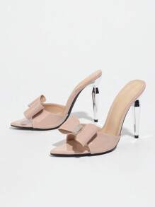 Shiny Crystal Bow-Knot Metallic Pointy Toe High Heels Sandals, Fashionable Slip-On Party/Date Shoes For Young Ladies, Light Pink