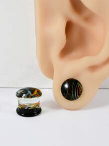 1 Pair Glass Waist Drum Ear Gauge Transparent Lines Black 8- 25mm Stretcher Expander Piercing Body Jewelry