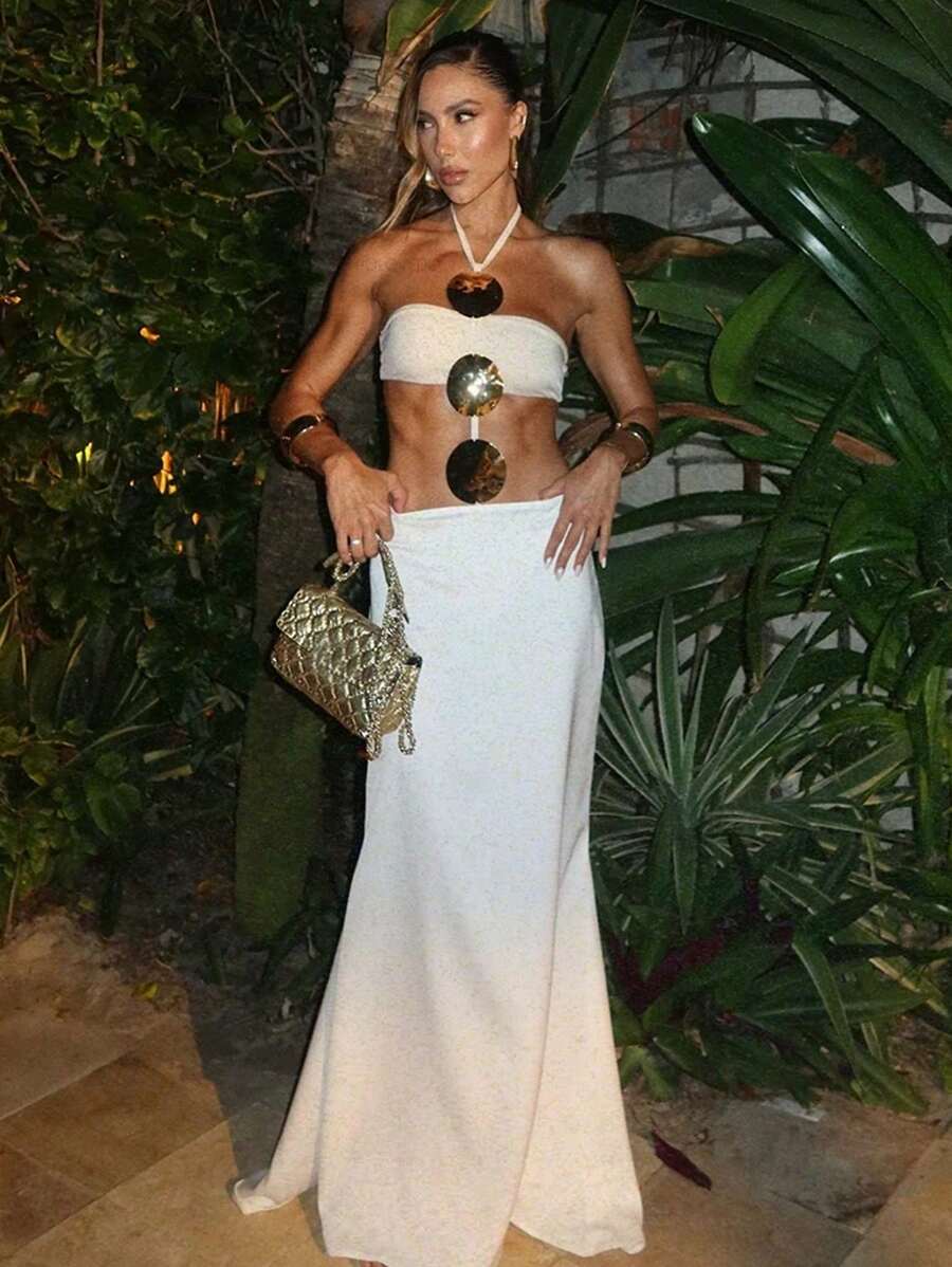 Conjunto de traje de baño sexy de 2 piezas con diseño calado en blanco para mujeres