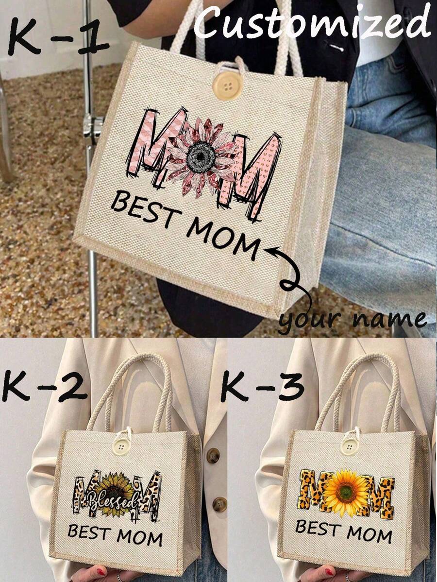1pc Customize Floral Mama Print Tote Bag, Linen Flower Handbag,Custom Name Logo Tote Bag,Simple Large Capacity Handbag, Portable Casual Storage Handbag, Multifunctional Shopping Bag, Personalized Gift Bag, Suitable For Weddings, Birthdays, Beaches, Festivals, Perfect Gifts For Women,Multifunction,Versatile,Large Capacity,Functional,Practical,All-Purpose Cute,Adorable,Contracted, Mother's Day Gift - Multicolor - View 1