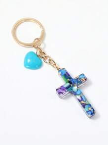 1pc Women's New European & American Style Resin Heart Cross Pendant Keychain, Shiny Cross Tassel Charm Accessory, Simple Backpack Hanging Ornament, Small Gift - Multicolor - View 11