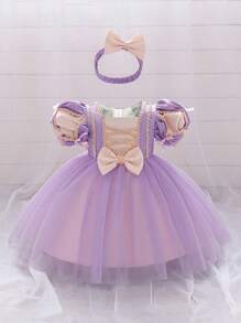 Baby Girls' Purple Puff Sleeve Embroidery Mesh Luxurious Princess Dress, Suitable For Party