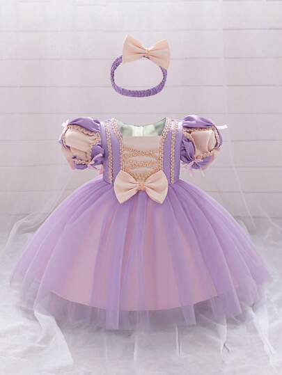 Vestido de princesa lujoso para niñas bebé con mangas abullonadas, bordado y malla en color morado, adecuado para fiestas