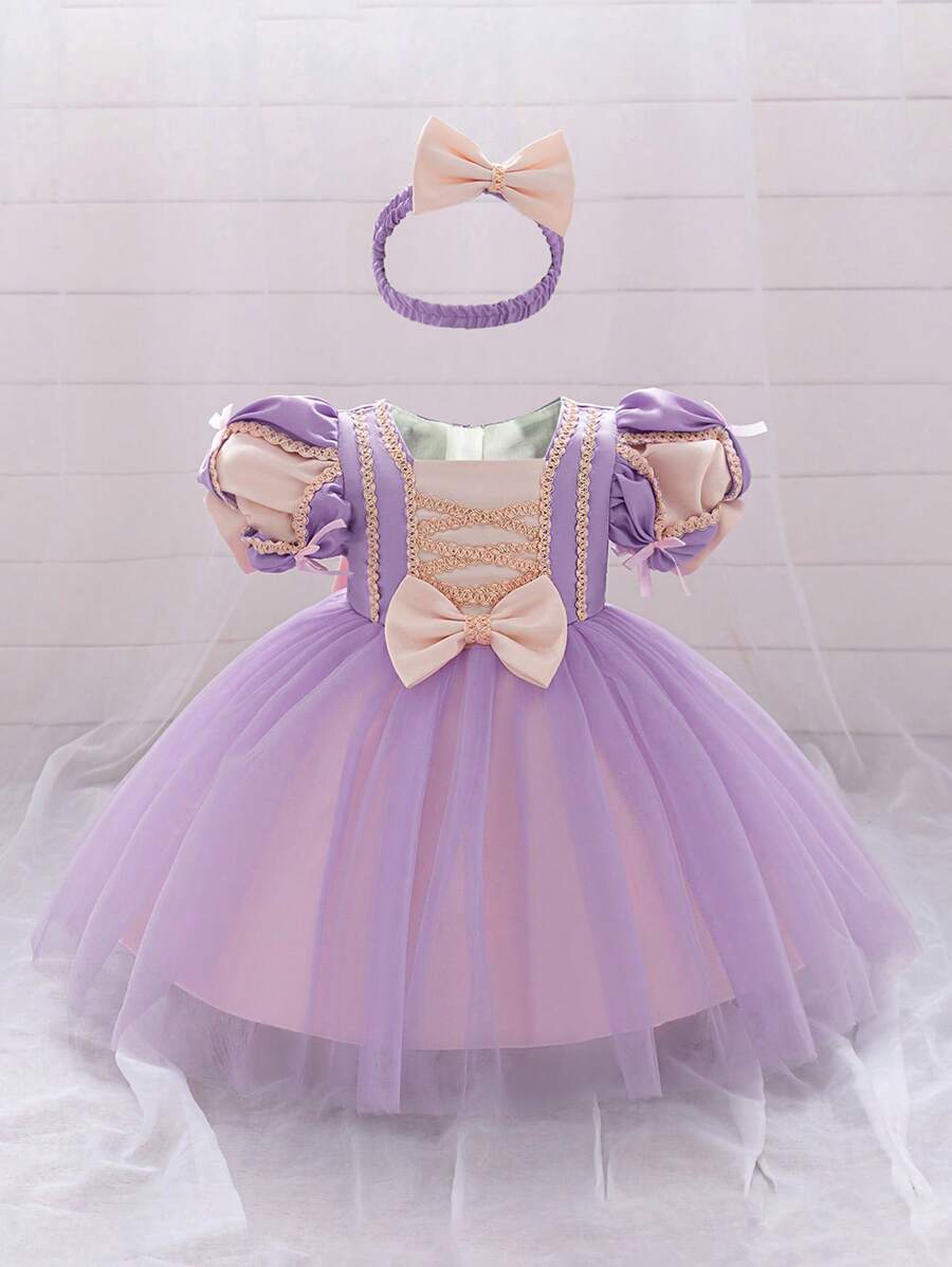 Baby Girls' Purple Puff Sleeve Embroidery Mesh Luxurious Princess Dress, Suitable For Party