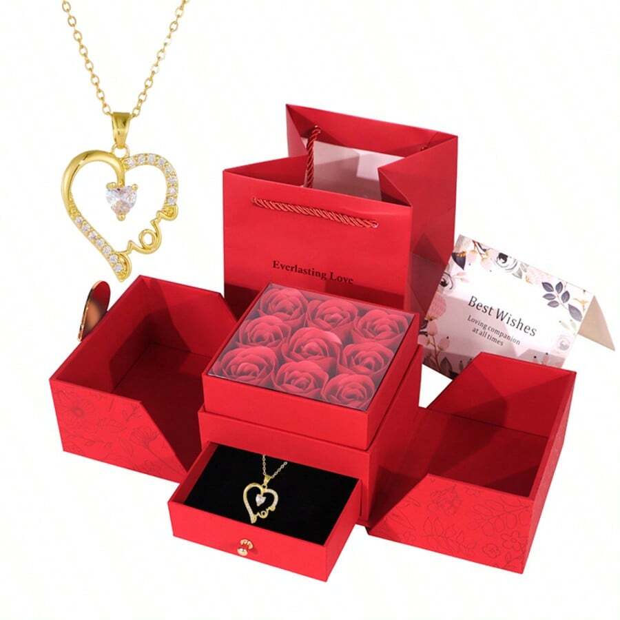 1pc Copper Alloy Cubic Zirconia "MOM" Pendant Heart Shaped Necklace, Luxurious & Fashionable With Imitation Rose Flower Gift Box, Mother's Day Gift - Gold - View 1