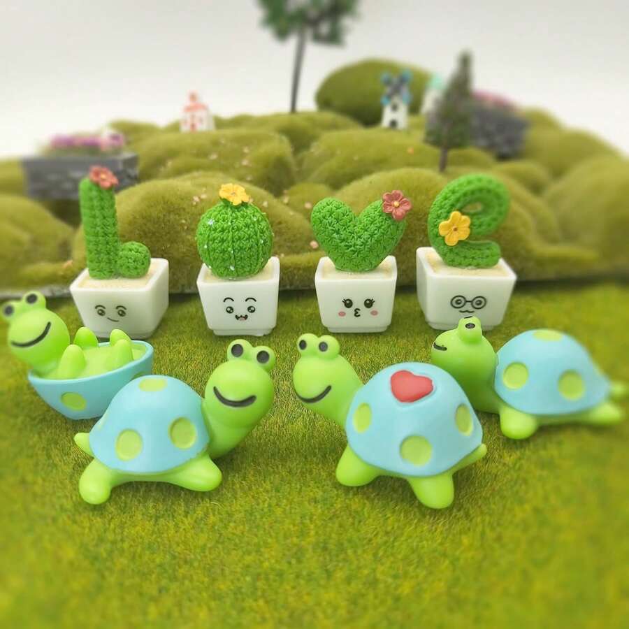Accessoires pour jardin de fées, statuettes miniatures de tortues mignonnes et décorations de mini cactus, ensemble de 4 tortues et 4 cactus pour jardin de fées - convient pour les jardins de fées DIY, paysages miniatures, maisons de poupées et décorations d'intérieur.