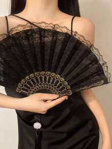 1pc Retro Black Lace Folding Fan, Chinese Style Hanfu Cheongsam Photography Prop With Tassel,Spring Summer Picks,Brides Maid Gifts,Room,Bedroom Deccor,Bedroom Deccor,Beach,Travel,For Men,For Women,Vacation - Multicolor - View 2