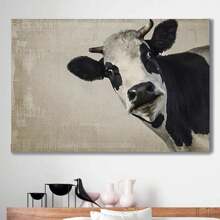 Framed Canvas Print Wall Art Black & White Cow Portrait On Grunge Background Animals Wildlife Digital Art Realism Rustic Scenic Nature Photography Colorful For Living Room, Bedroom, Office - Framed - View 1