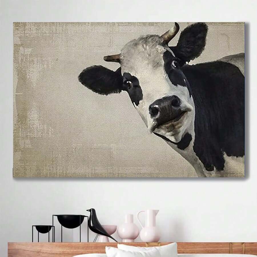 Framed Canvas Print Wall Art Black & White Cow Portrait On Grunge Background Animals Wildlife Digital Art Realism Rustic Scenic Nature Photography Colorful For Living Room, Bedroom, Office - Framed - View 1