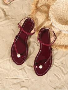 Women Summer Flat Sandals, Minimalist Strappy Design, Clear Color, Pearl Decor - Burgundy - View 2