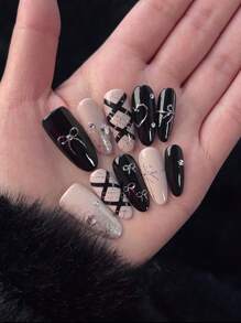 10 Stück handgemachte Y2K Edgy Baddie Schleifen, Herz, Kristall verzierte Nagelkunst Set Aufklebe-Nägel Nagelbedarf Nägel