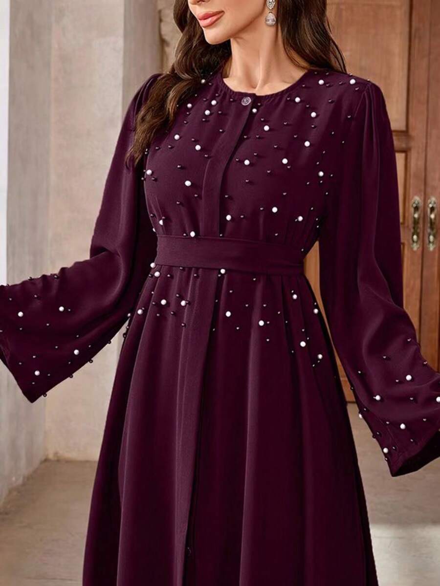 Solid Color Elegant Turkish Style Women Long Robe Dress With Pearl Decor Long Sleeve Abaya With Belt, Modest