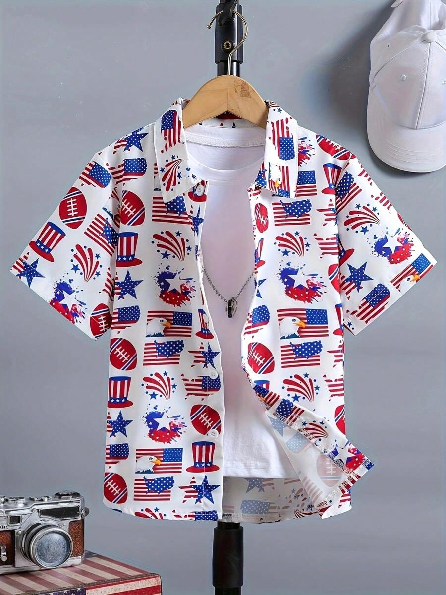 1pc Boys Casual US Flag Random Pattern Printed Short Sleeve Collared Shirt, Suitable For Independence Day - White - View 1