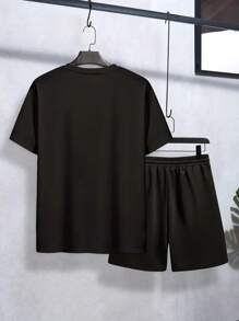 Teen Boys Summer Leisure Sports New York Brooklyn Bridge Handsome Typography Pattern Black T-Shirt Shorts Suit