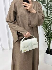 1pc Women Solid Color Elegant Casual Abaya, Suitable For Spring/Summer/Autumn Daily Outings, Woven Fabric - Dark Grey - View 22