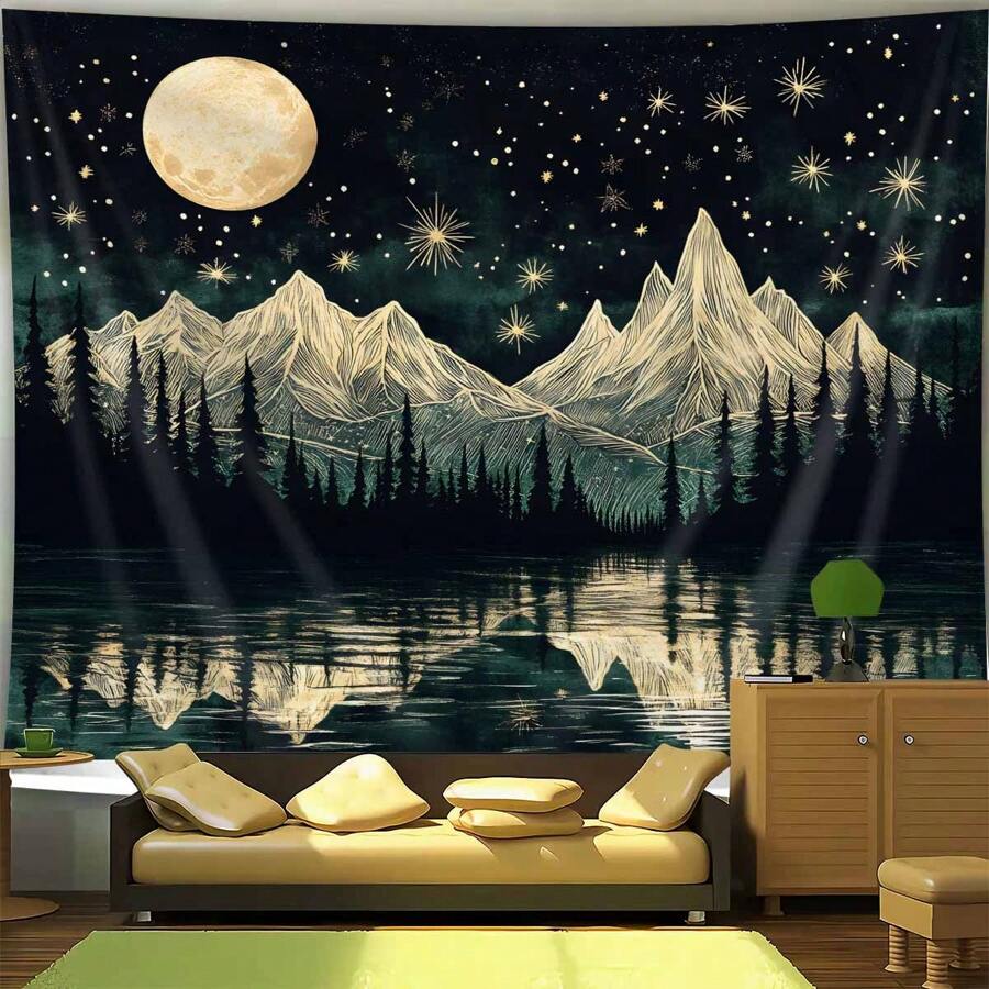 1pc Artistic Concept Green Forest Fog Mountain - Large Size Decorative Tapestry For Living Room, Bedroom, Office, Party Background Decoration, Family Room Decoration, Holiday Gift, Creative Fog Mountain Artistic Concept Forest Starry Sky Art Unique Aesthetic Decorative Tapestry, Easy To Install