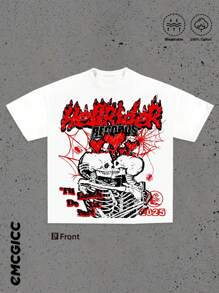 Y2K,HellRider,Skeleton, Kiss, Romance To Death....Fashionable Cotton Men's T-Shirt, Multi-Color Optional, Surprise Gift For Friends And Family, Christmas Drop Shoulder Sleeves Round Neck - White - View 2