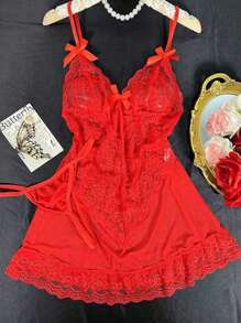 2pcs/Set Sexy Women Lace Camisole Nightdress, Suitable For Loungewear And Romantic Dates, Lingerie Set, Rave - Burgundy - View 8