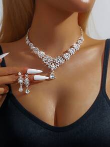 3 件新娘首饰套装：项链、耳环、水晶镶嵌配饰，适合婚纱、宴会礼服 - 彩色 - 查看 13