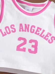 2pcs Girls Summer Cheerleader Style Round Neck Letter Print Short Sleeve Top And Solid Color Pleated Skirt Outfit