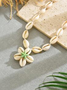1pc Creative Seashell, Starfish & Flower Pendant Necklace, Boho Style Beach Holiday Fashion Jewelry For Women