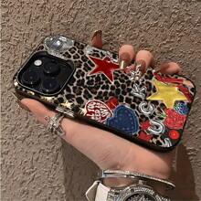1 pieza Funda de teléfono personalizada con diseño de estrella leopardo IMD, compatible con iPhone 16 ProMax, 15/14 Plus, 13, 12, 11, cubierta de teléfono protectora única