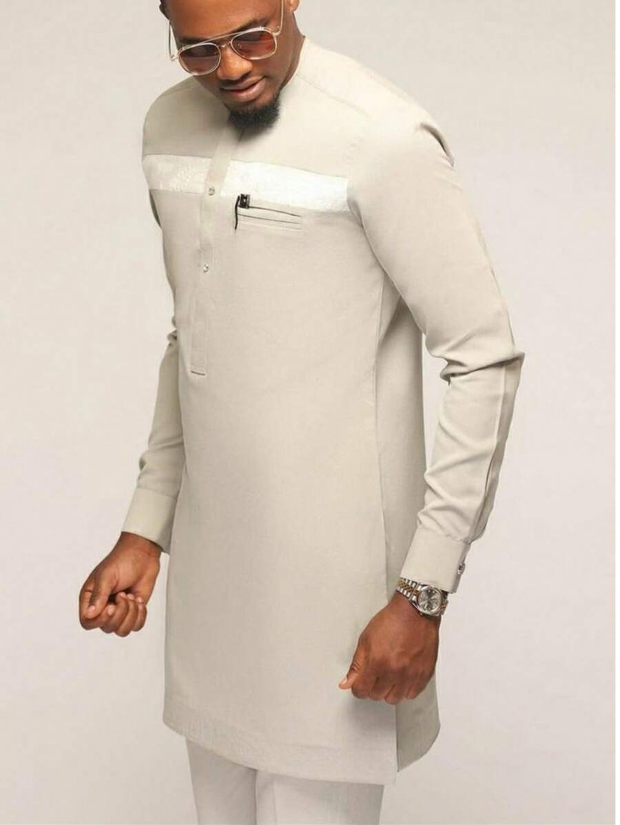 2 件套男士米色 Dashiki 套装,撞色设计,休闲简约,纽扣,长袖,圆领,松紧腰裤,非洲服装,男士休闲衬衫和裤子套装,适合所有季节的新款式,街头服饰,派对,约会,婚礼,文化活动,传统仪式 - 米色 - 查看 1