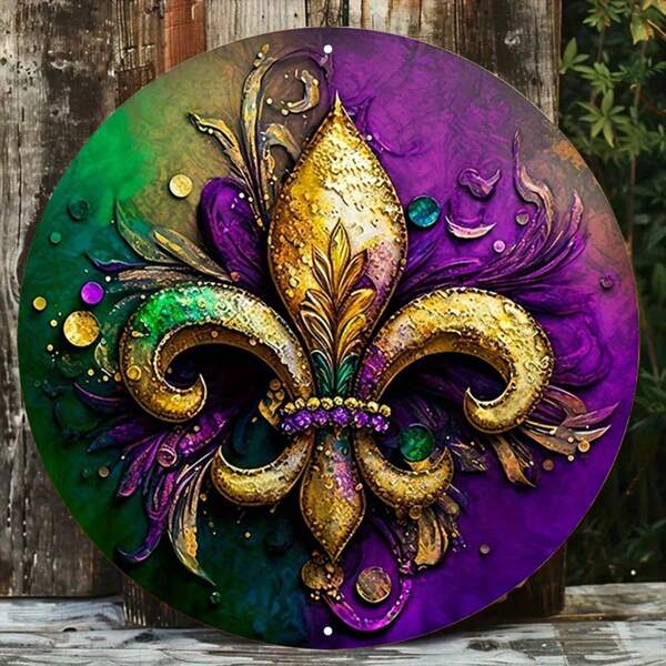 Heritage Accent, Fleur-De-Lis Carnival Vintage Wooden Sign - Elegant Wooden Round Wall Art, Colorful Retro Design, Suitable For Bar, Cafe, Beach House Decor, Great For Room Decoration, Random Hole Style