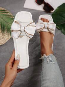 Women French Style Flat Sandals, Bow Decor, Elegant & Versatile For Daily Outing, Party Etc. - White - View 2