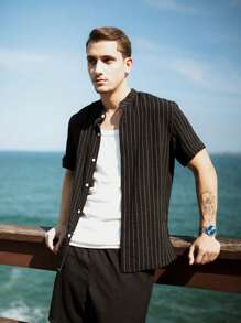 Men's Short Sleeve Shirt With Priest Collar Elegant Casual Party Work - 深色水洗藍 - 查看 4