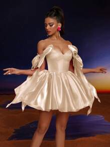 Vestido de bola con decoración de moño elegante de moda Anymoon, adecuado para bailes formales, graduaciones, homecomings, fiestas y eventos, vestido de fiesta, vestido de invitada de boda, vestido de graduación primaveral - Champán - Ver 1