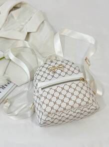 时尚蝴蝶结经典花卉印花女士背包、手提包和托特包、百搭拉链休闲单肩包 - 白色 - 查看 5