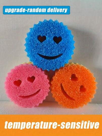 3pcs Heart & Smiling Face Multi-Functional Double Layer Temperature Sensitive Scrubbing Sponges. Cute & Powerful Decontamination, Double-Sided Kitchen Sponge - Temperature Sensitive, Non-Scratch Cleaning Pad, Suitable For Dishes Etc. - Multi-Surface Sponge Holder, Fit For Modern Kitchen Sink, For Dish Cleaning