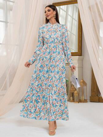 Women Spring & Summer Casual Fashionable Printed Button Up Long Dress With Puff Sleeves,Modest