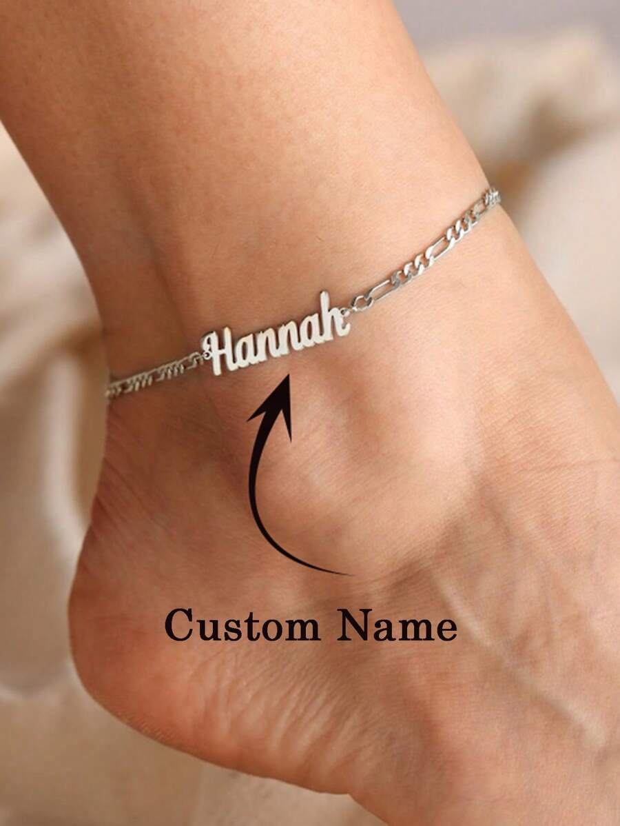 定制名字脚链，定制银色 18K 镀金名字脚链不锈钢首饰，个性化脚链，个性化名字脚链母亲节礼物 - 金色 - 查看 1