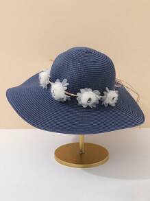 1pc Women's Summer New Chiffon Floral Beach Hat, Woven Straw Hat, Large Brim UV Protection Sun Hat For Outdoor Travel - Round Straw Hat - View 3