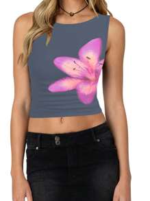 Women's Flower Print Crop Vest Summer Sleeveless Round Neck Slim Fit Tank Tops - Dark Grey - View 1