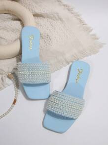 Dép đế bằng màu xanh lam nhạt cỡ lớn dành cho nữ, đế rộng, trang trí ngọc trai, 5 kích cỡ ngọc trai chuyển màu khác nhau, giày nữ sang trọng, dép nhẹ, thời trang mùa hè, chống trượt, cỡ 35-43 - Màu xanh nhạt - Xem 6