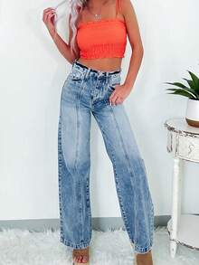 Women Fashionable Straight Loose Fit Casual Jeans - Blue - View 4