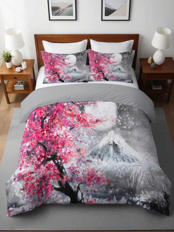 Juego de ropa de cama de 3 piezas con estampado de flores de cerezo estilo japonés, suave y cómodo (1 funda nórdica + 2 fundas de almohada, sin relleno) con estampado de ramas de árbol, flores y pétalos rosados en un ambiente neblinoso, para dormitorio y habitación estudiantil