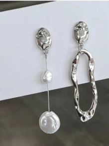 1 Pair Gold Asymmetrical Geometric Stud Earrings With Pearl Hollow Pendant Earrings, Fashion Earring Sets
