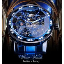 T-WINNER Winner Transparent Diamond Mechanical Watch Blue Stainless Steel Skeleton Watch Top Brand Luxury Business Luminous Male Clock